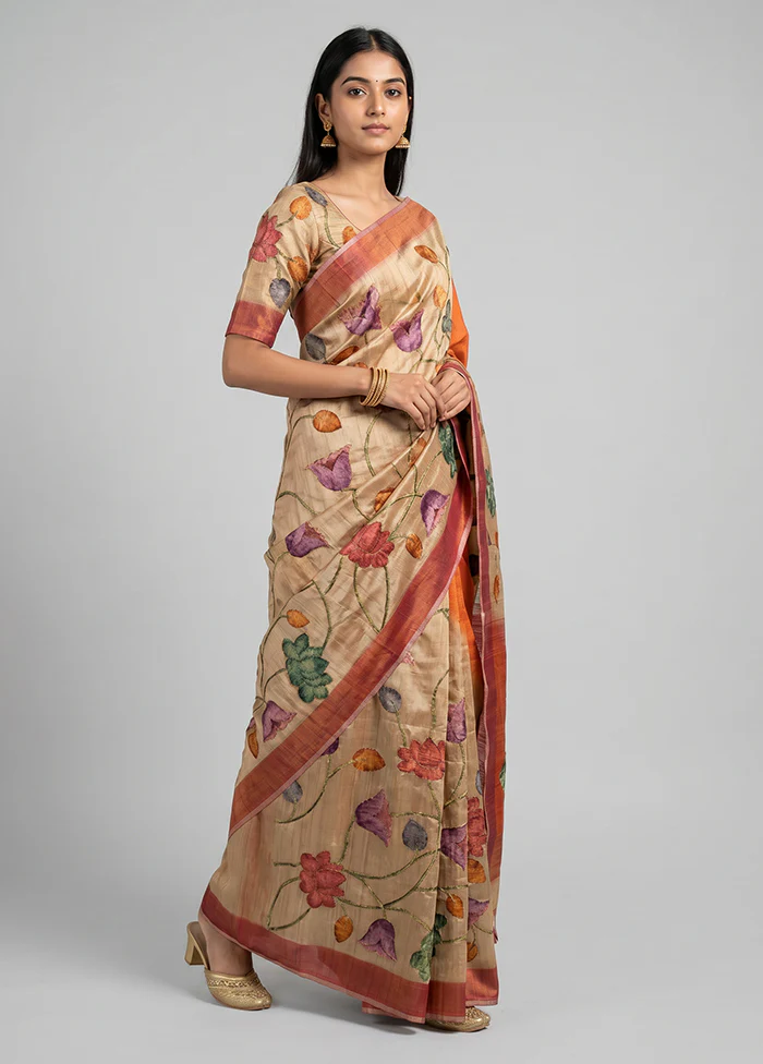 Cream Tussar Silk Saree With Blouse Piece