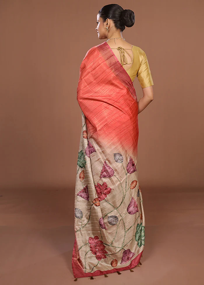 Cream Tussar Silk Saree With Blouse Piece - Image 2