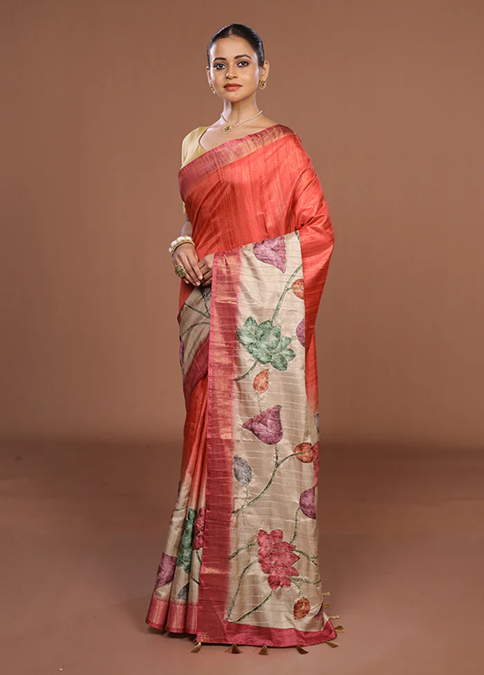 Cream Tussar Silk Saree With Blouse Piece - Image 3
