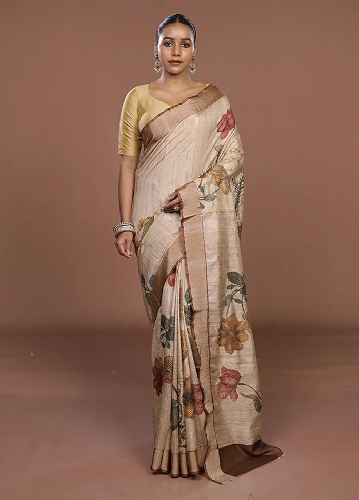 Cream Tussar Silk Saree With Blouse Piece - Image 2