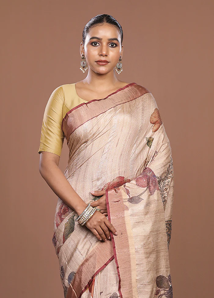 Cream Tussar Silk Saree With Blouse Piece