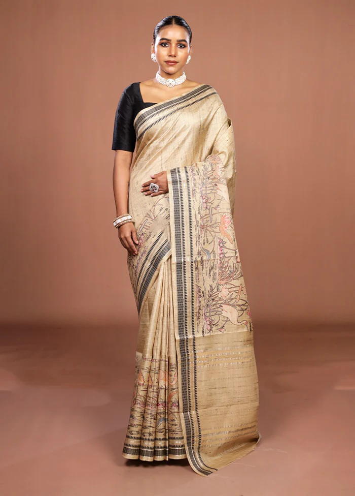 Cream Tussar Silk Saree With Blouse Piece - Image 2