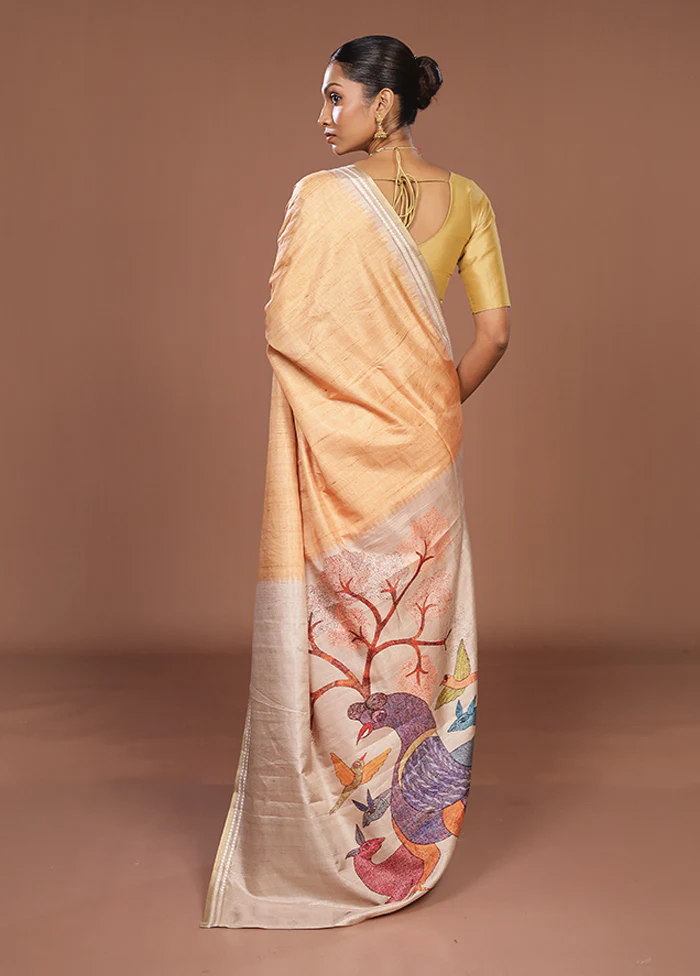 Cream Tussar Silk Saree With Blouse Piece - Image 3