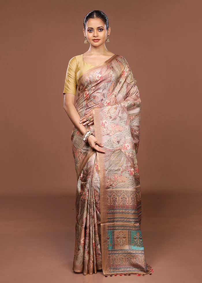 Cream Tussar Silk Saree With Blouse Piece - Image 2