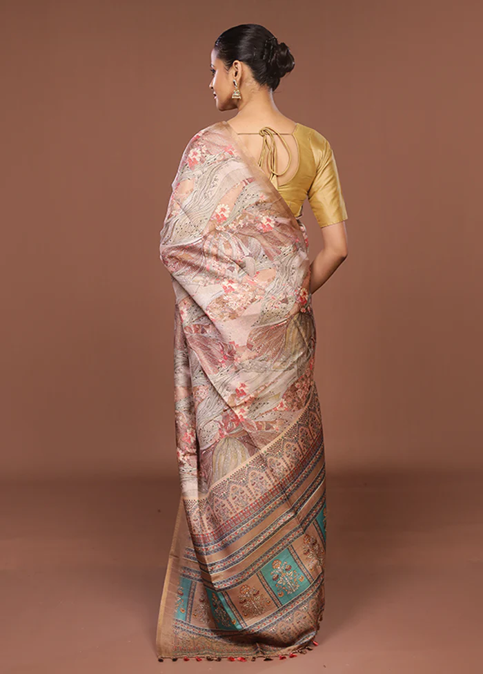 Cream Tussar Silk Saree With Blouse Piece - Image 3