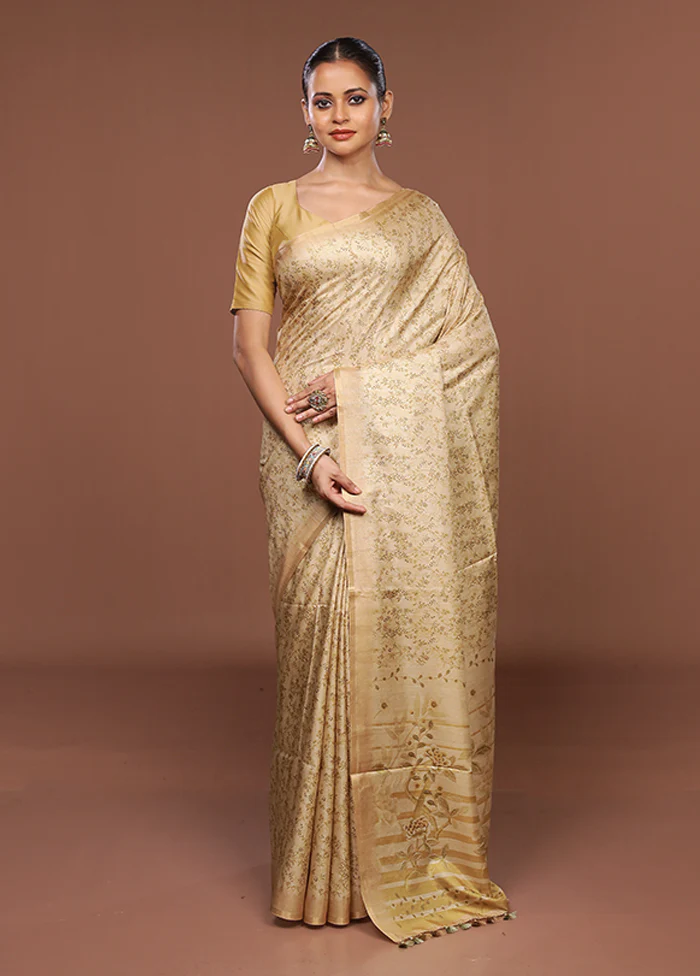 Cream Tussar Silk Saree With Blouse Piece - Image 2