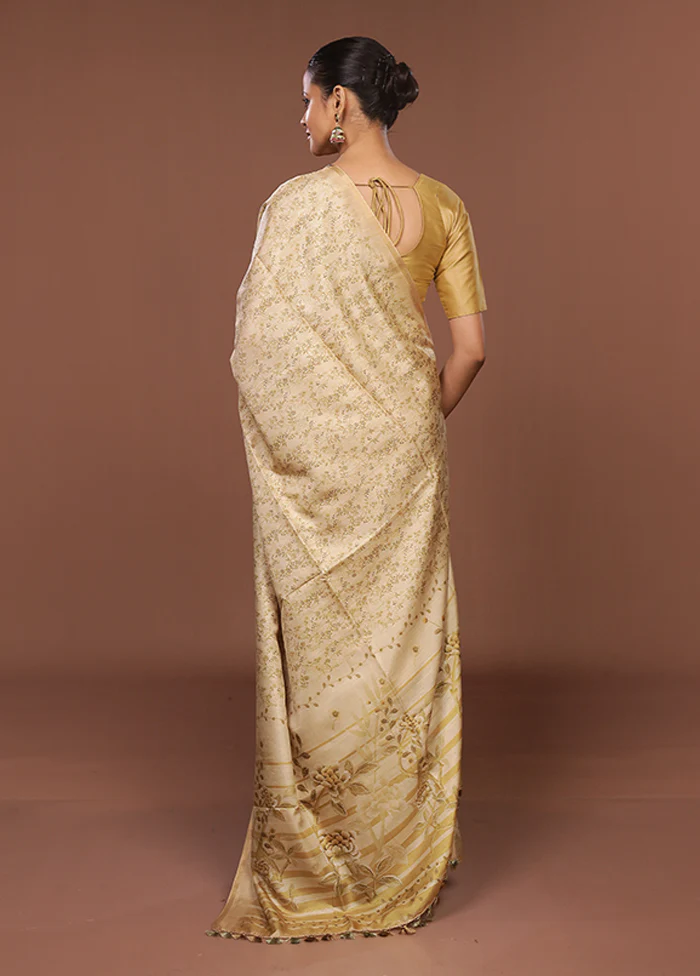 Cream Tussar Silk Saree With Blouse Piece - Image 3