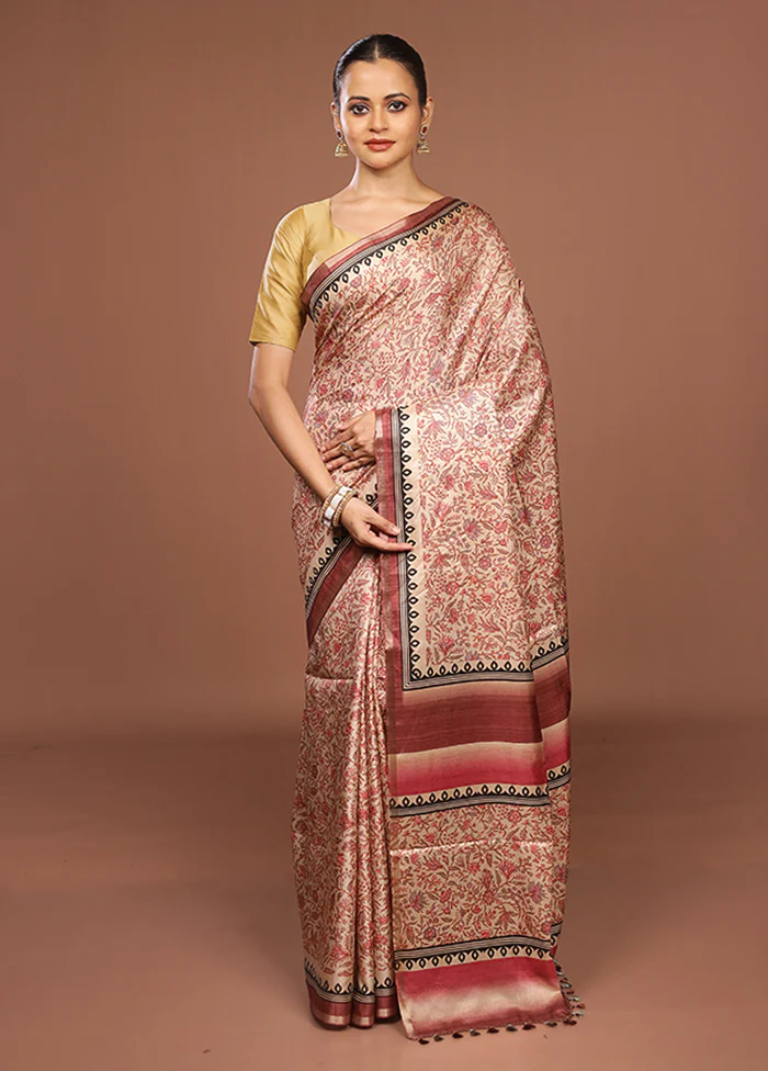 Cream Tussar Silk Saree With Blouse Piece - Image 2