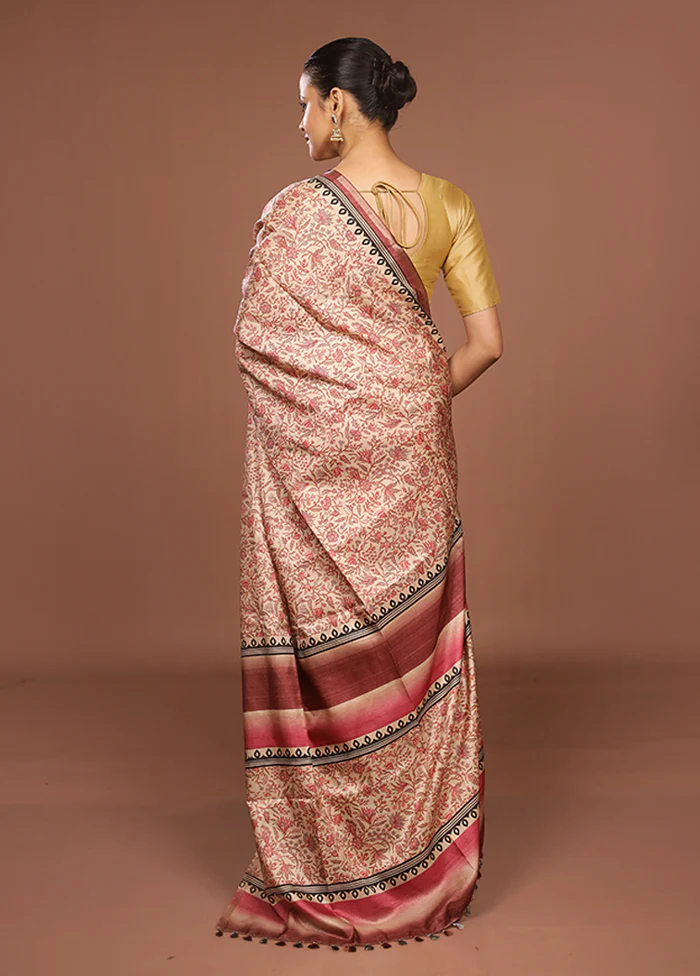 Cream Tussar Silk Saree With Blouse Piece - Image 3