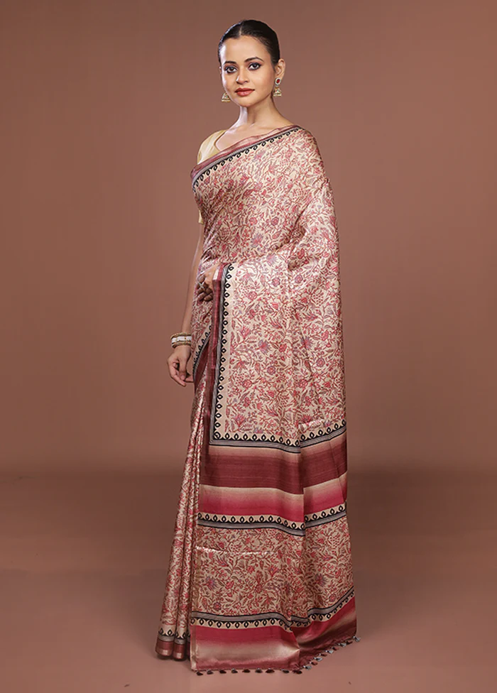 Cream Tussar Silk Saree With Blouse Piece - Image 4