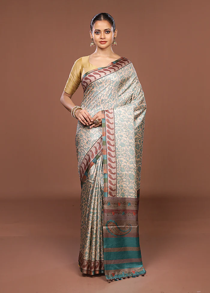 Cream Tussar Silk Saree With Blouse Piece - Image 2