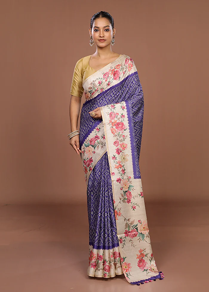 Cream Tussar Silk Saree With Blouse Piece - Image 2
