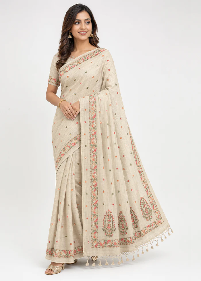 Cream Tussar Silk Saree With Blouse Piece