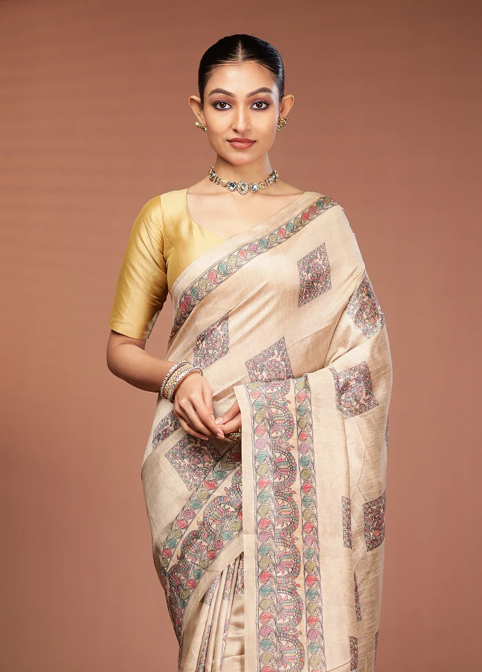 Cream Tussar Silk Saree With Blouse Piece