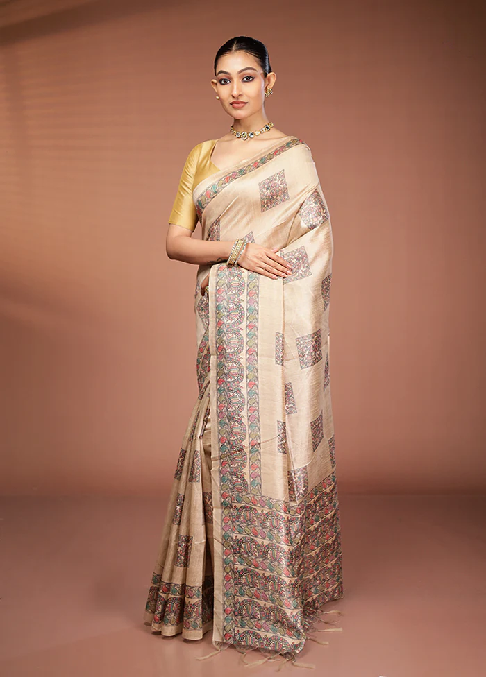 Cream Tussar Silk Saree With Blouse Piece - Image 4