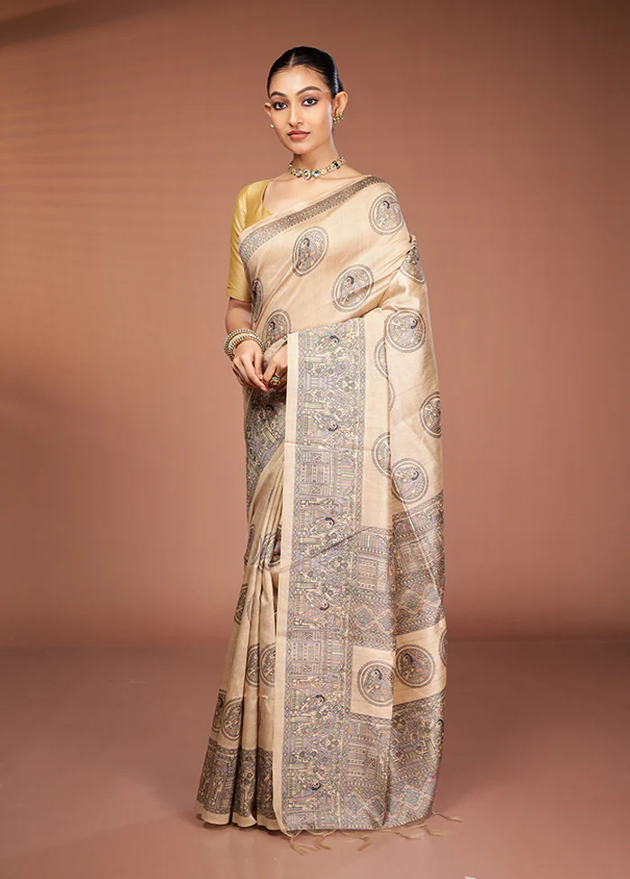 Cream Tussar Silk Saree With Blouse Piece - Image 4