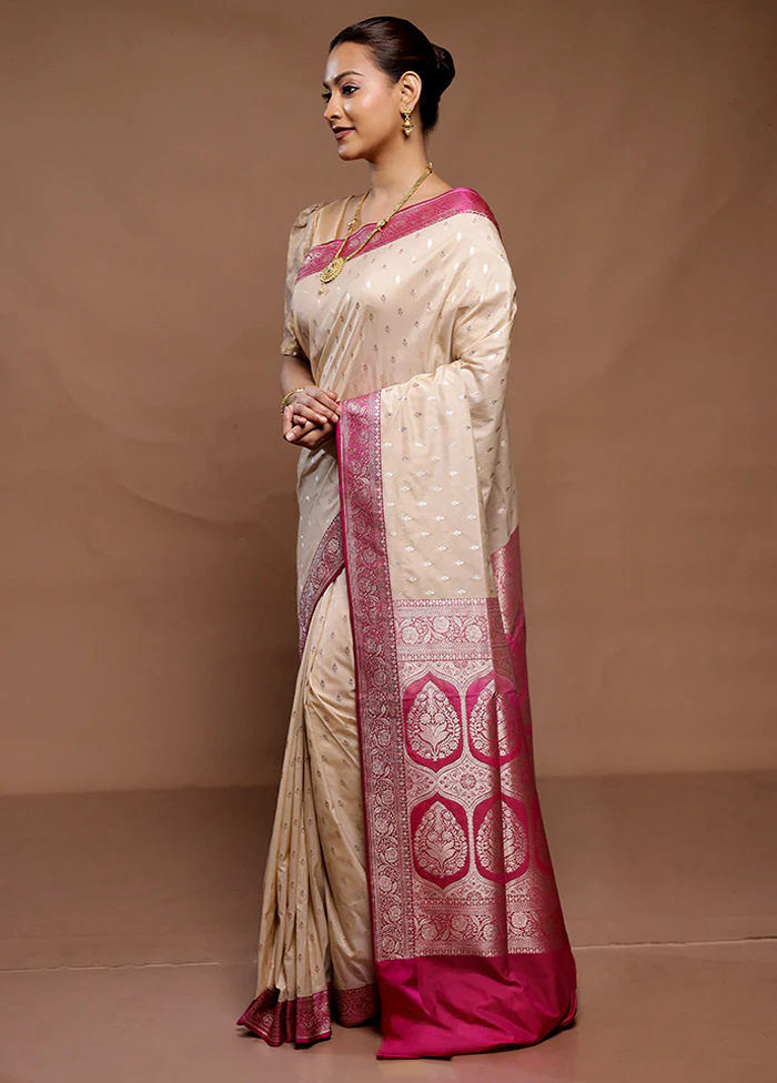 Cream Uppada Silk Saree With Blouse Piece - Image 4