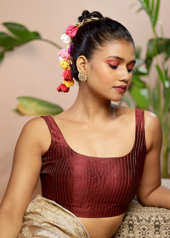 Dark Maroon Dupion Silk Designer Blouse - Image 3