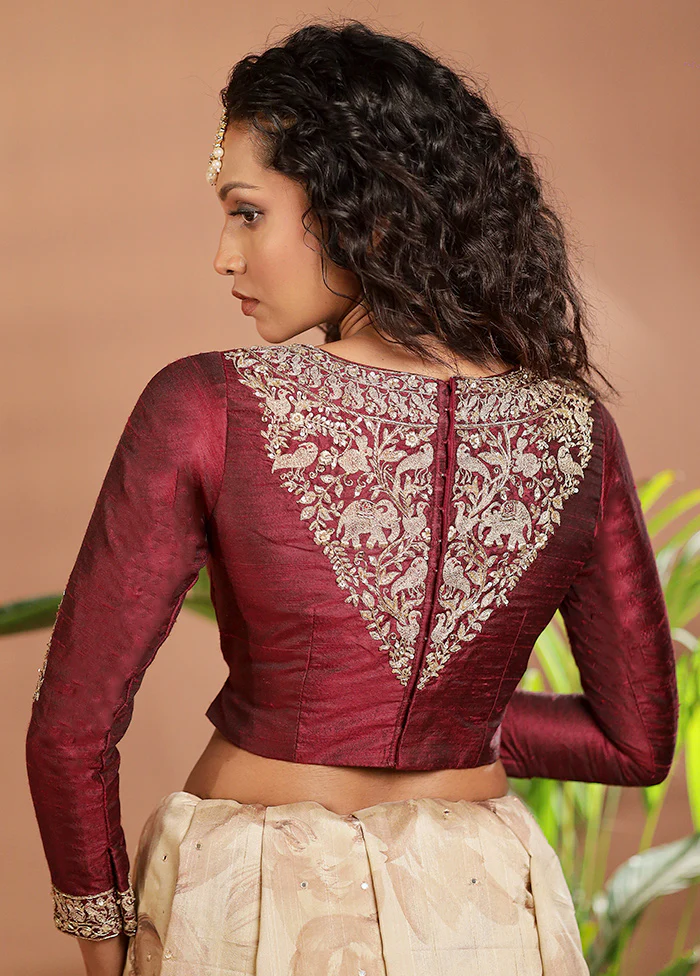 Dark Maroon Silk Designer Blouse - Image 2