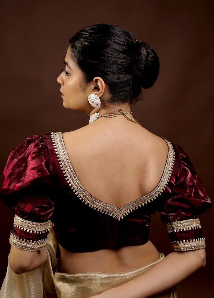 Dark Maroon Tissue Designer Blouse - Image 2