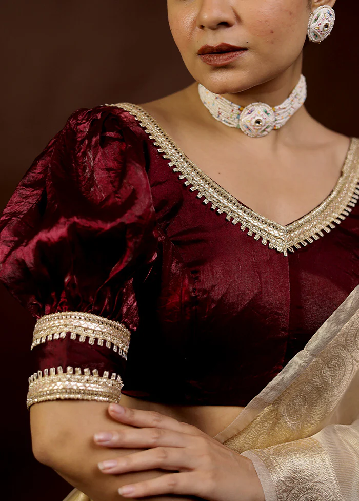 Dark Maroon Tissue Designer Blouse - Image 3