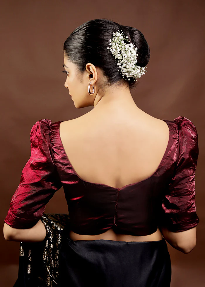 Dark Maroon Tissue Designer Blouse - Image 2