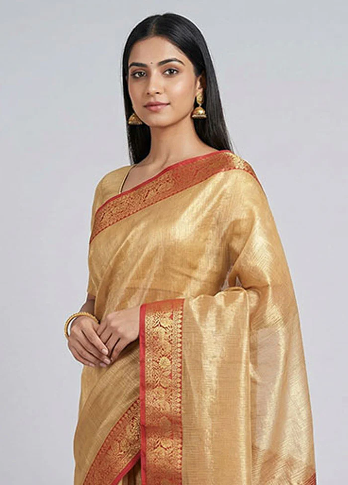 Gold Cotton Saree With Blouse Piece - Image 2