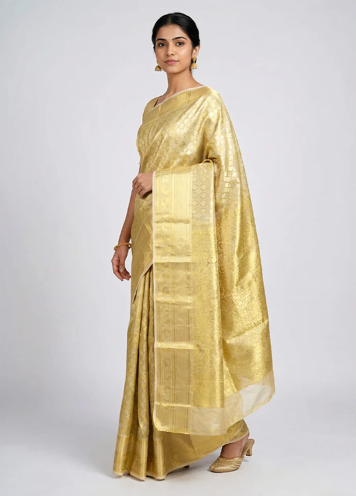 Gold Handloom Kanchipuram Pure Silk Saree With Blouse Piece