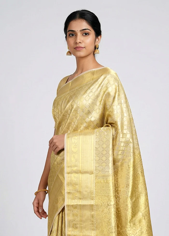 Gold Handloom Kanchipuram Pure Silk Saree With Blouse Piece - Image 2