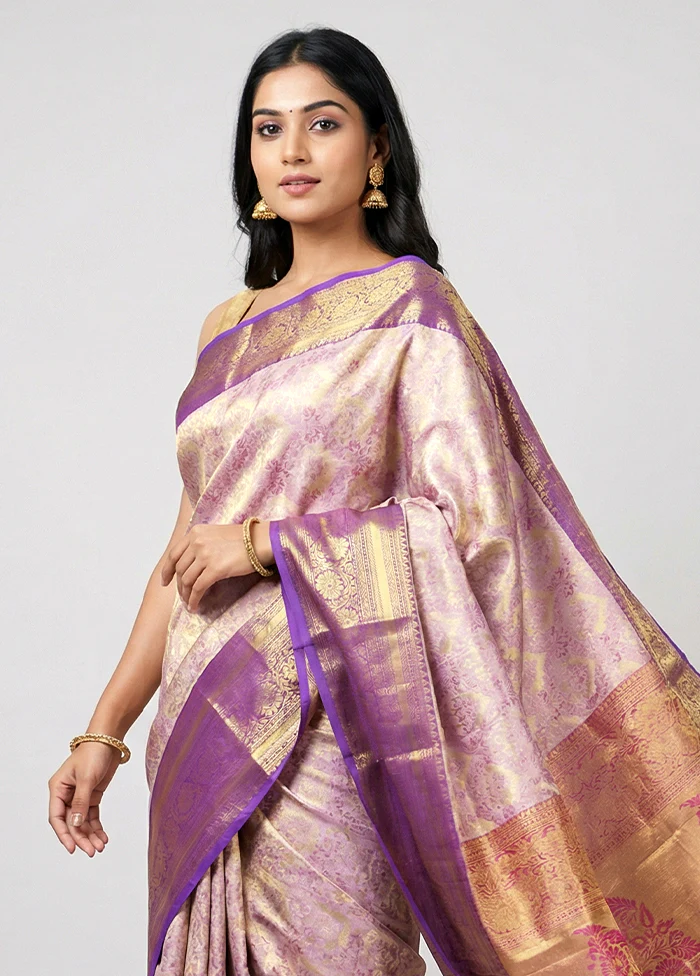 Gold Handloom Kanchipuram Pure Silk Saree With Blouse Piece - Image 2
