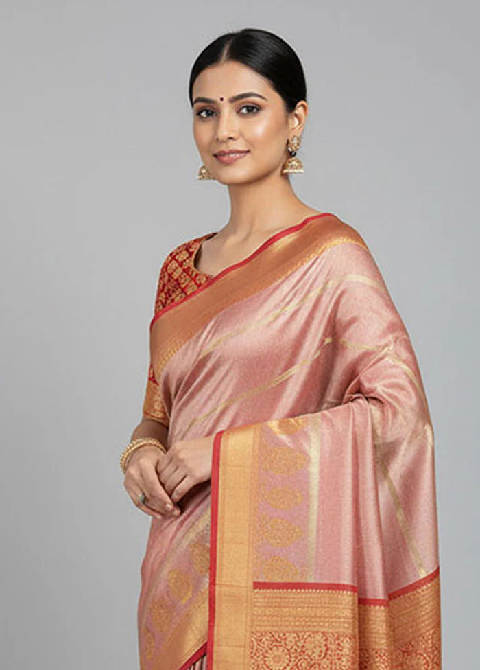 Gold Handloom Kanchipuram Pure Silk Saree With Blouse Piece - Image 2
