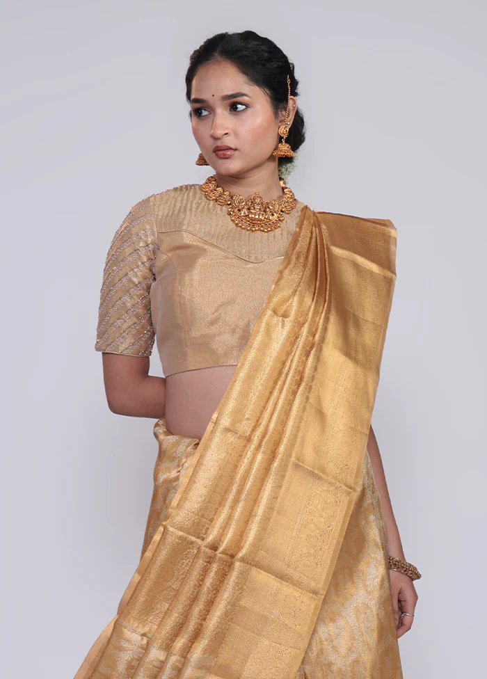 Golden Handloom Kanchipuram Pure Silk Saree With Blouse Piece - Image 2