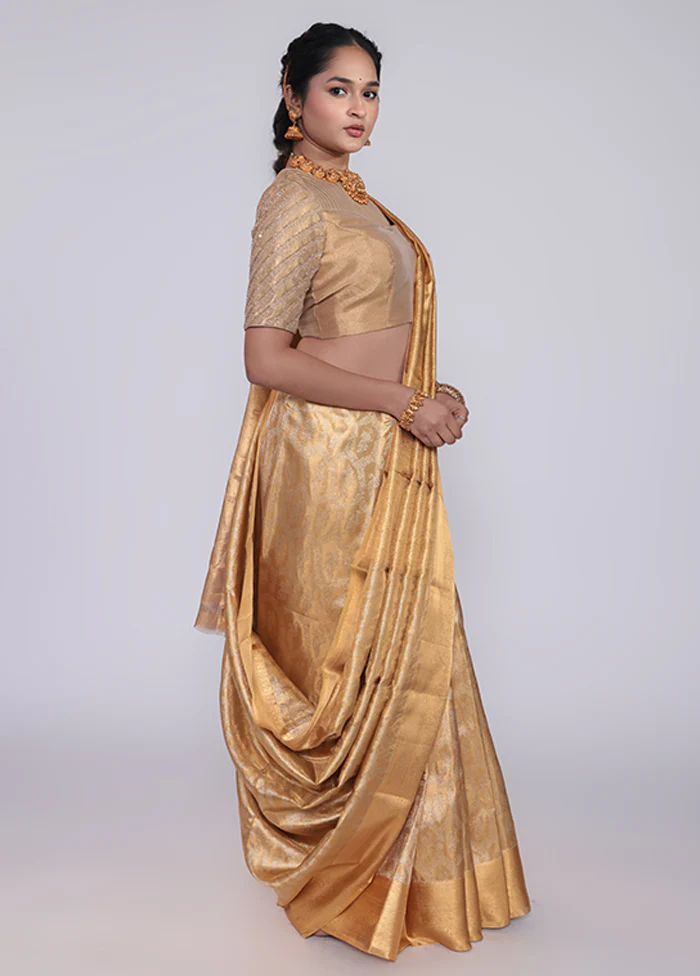 Golden Handloom Kanchipuram Pure Silk Saree With Blouse Piece - Image 4