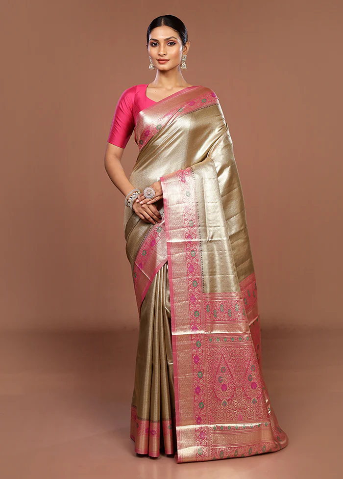 Gold Handloom Kanjivaram Pure Silk Saree With Blouse Piece - Image 2