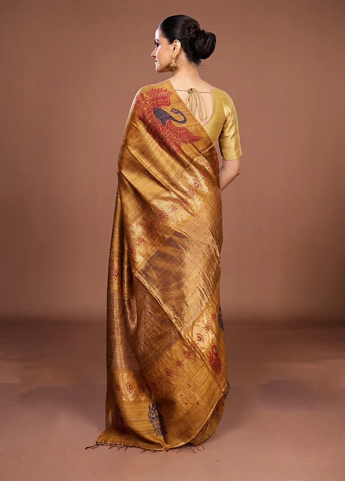 Gold Handloom Matka Pure Silk Saree With Blouse Piece - Image 3