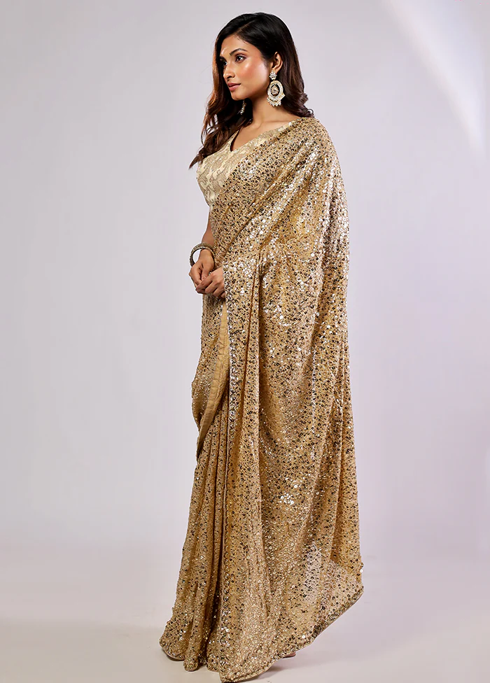 Gold Handloom Pure Georgette Saree With Blouse Piece - Image 3