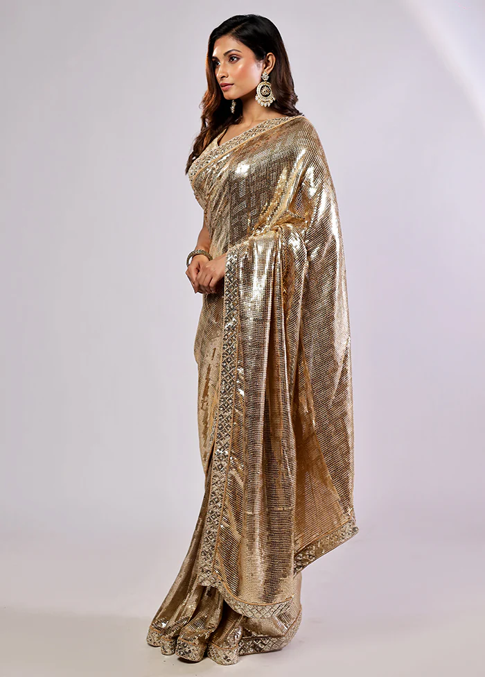 Gold Handloom Pure Georgette Saree With Blouse Piece - Image 3