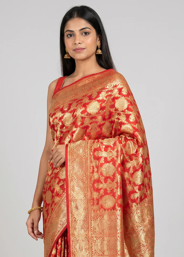 Gold Handloom Tissue Pure Silk Saree With Blouse Piece - Image 2