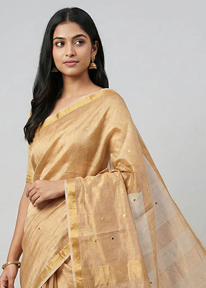 Gold Handloom Tissue Pure Silk Saree With Blouse Piece - Image 2