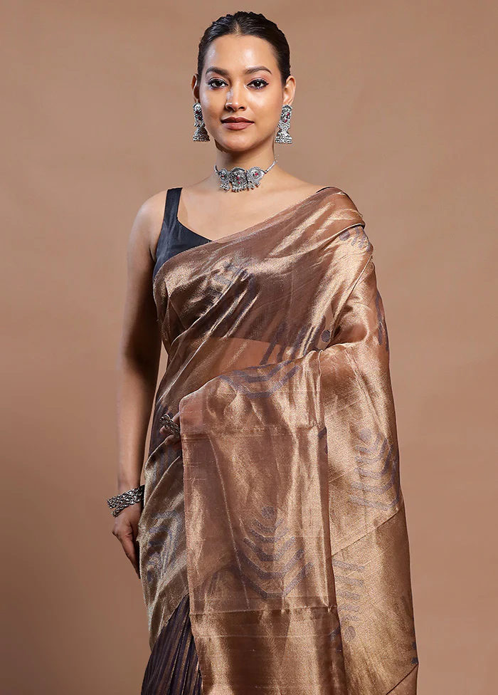 Gold Handloom Tussar Pure Silk Saree With Blouse Piece - Image 2