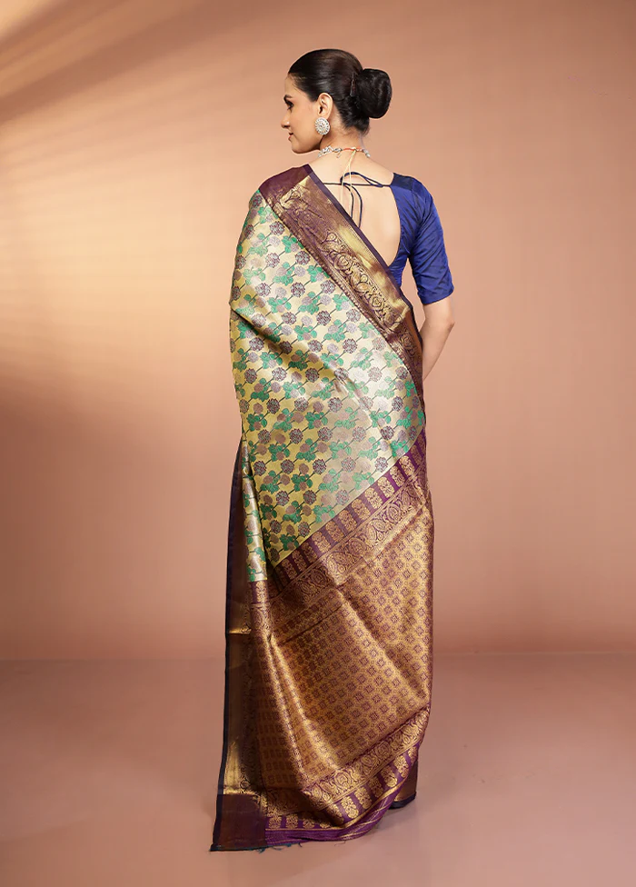 Gold Kanjivaram Silk Saree With Blouse Piece - Image 3
