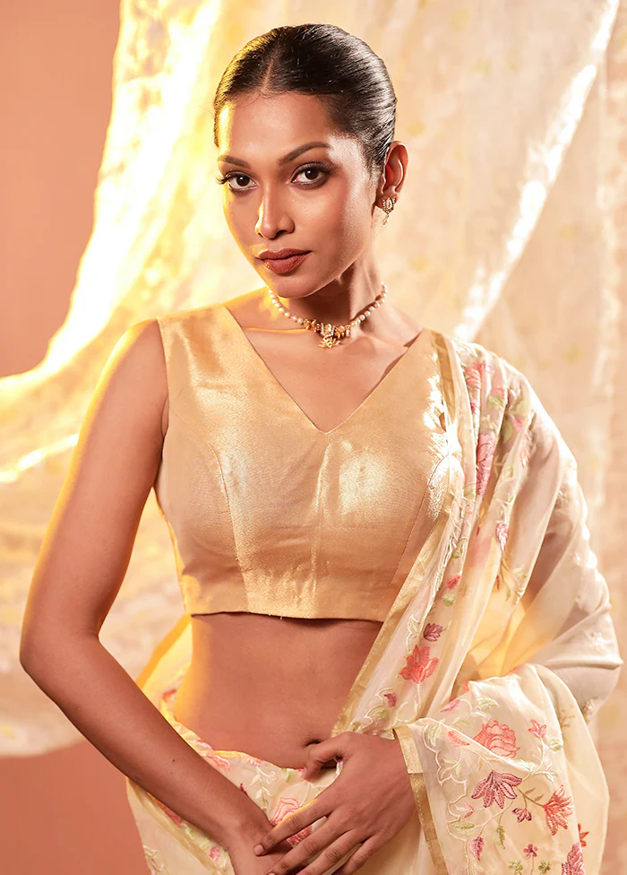 Gold V Neck Designer Blouse - Image 3