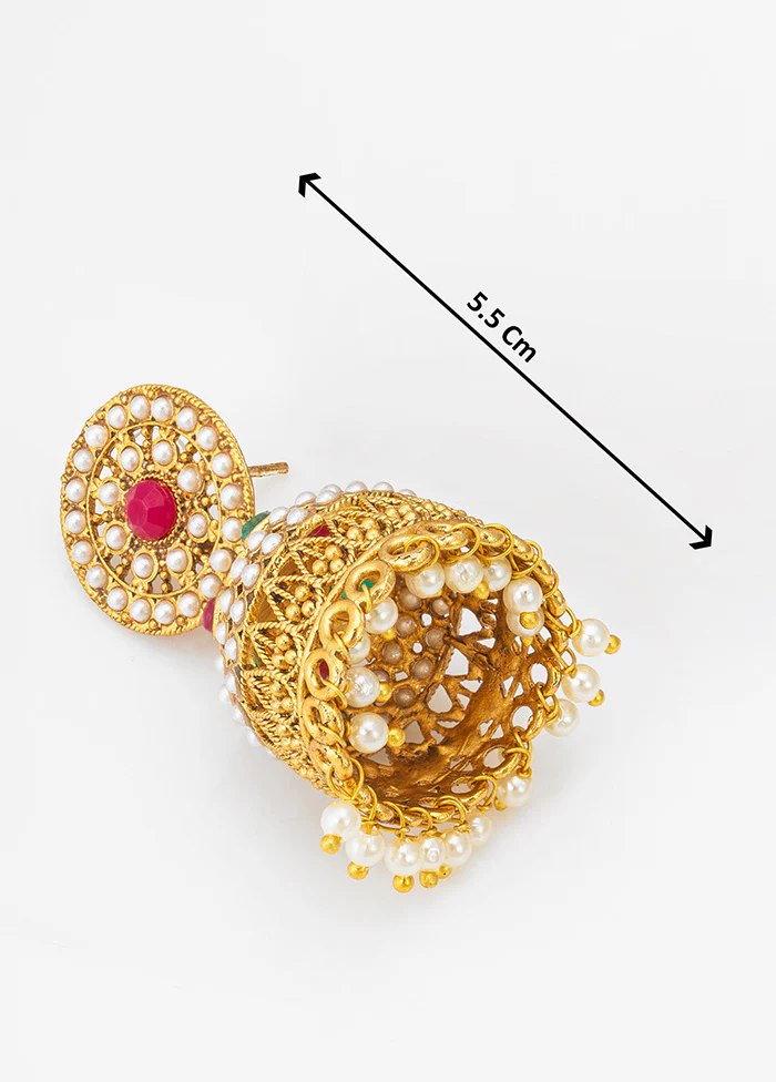 Golden Brass And Copper Artificial Stone Work Earrings - Image 3