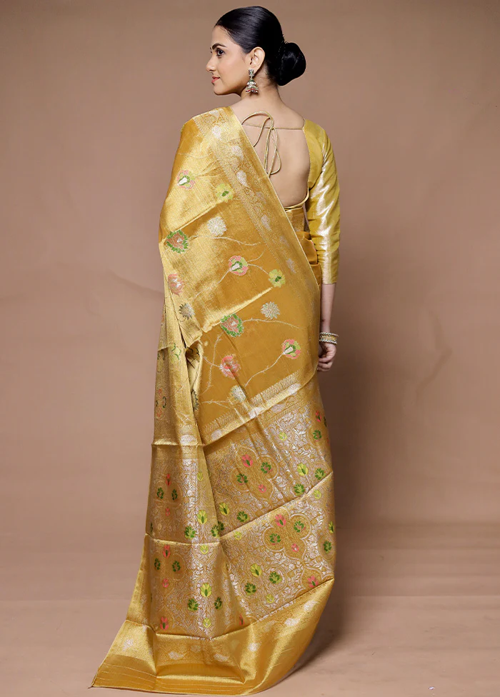 Golden Tissue Silk Saree With Blouse Piece - Image 3
