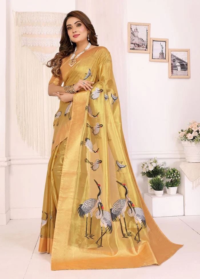 Golden Tissue Silk Saree With Blouse Piece - Image 3