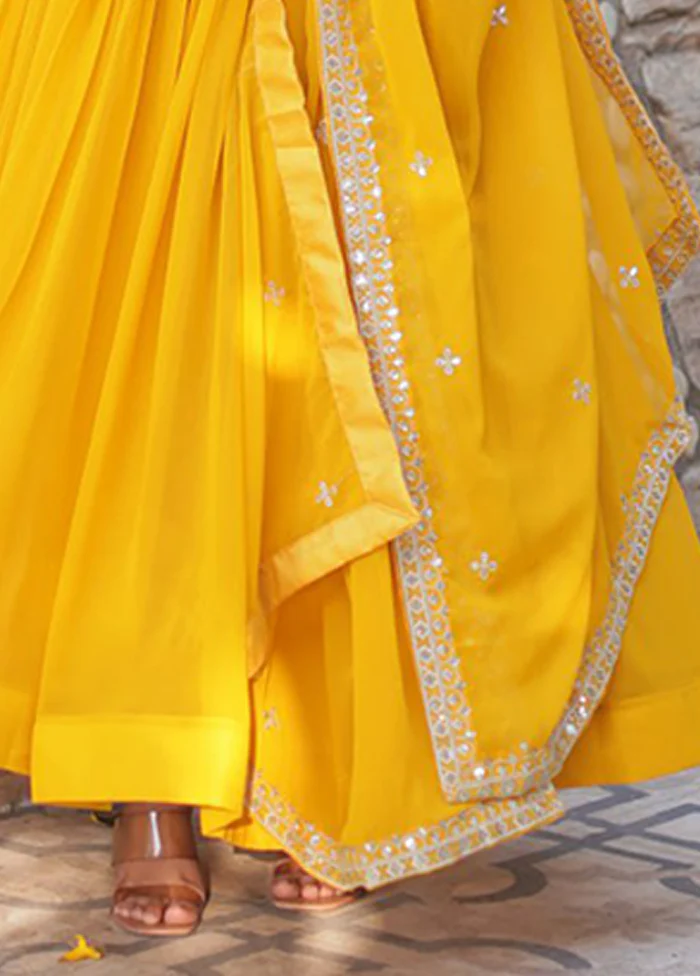 Golden Woven Work Silk Gown With Dupatta - Image 3