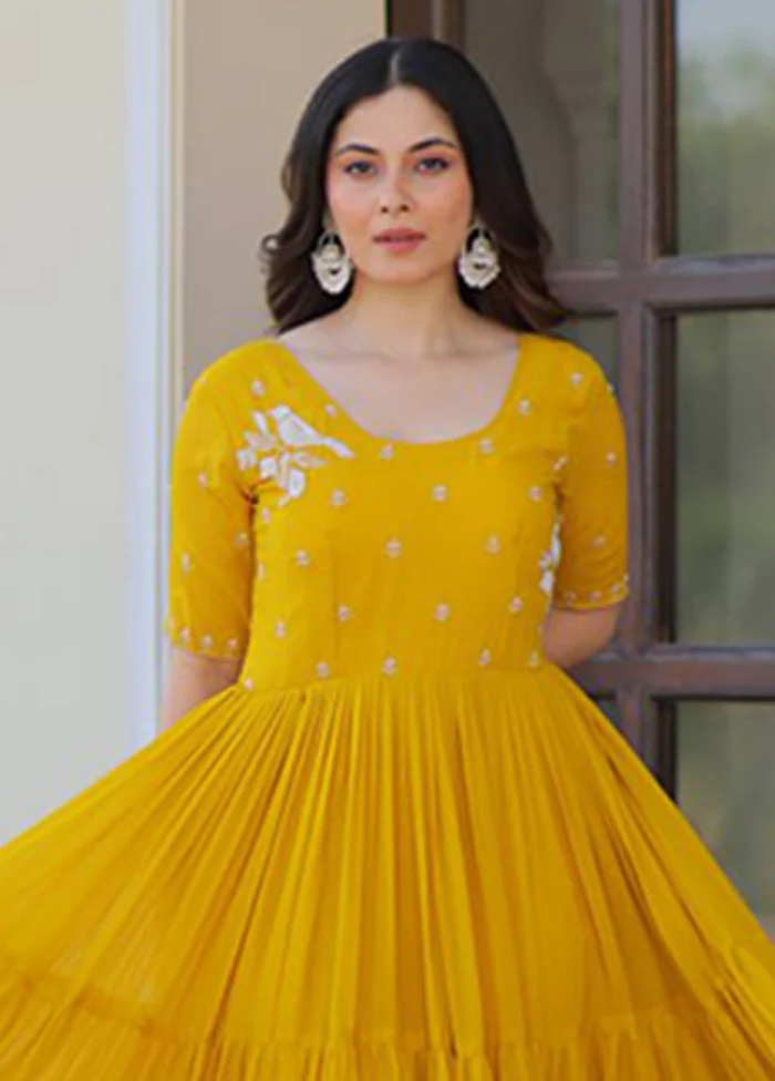 Golden Woven Work Silk Gown - Image 2