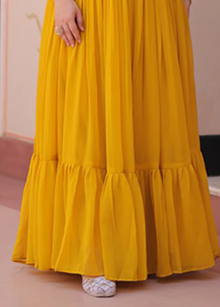 Golden Woven Work Silk Gown - Image 3