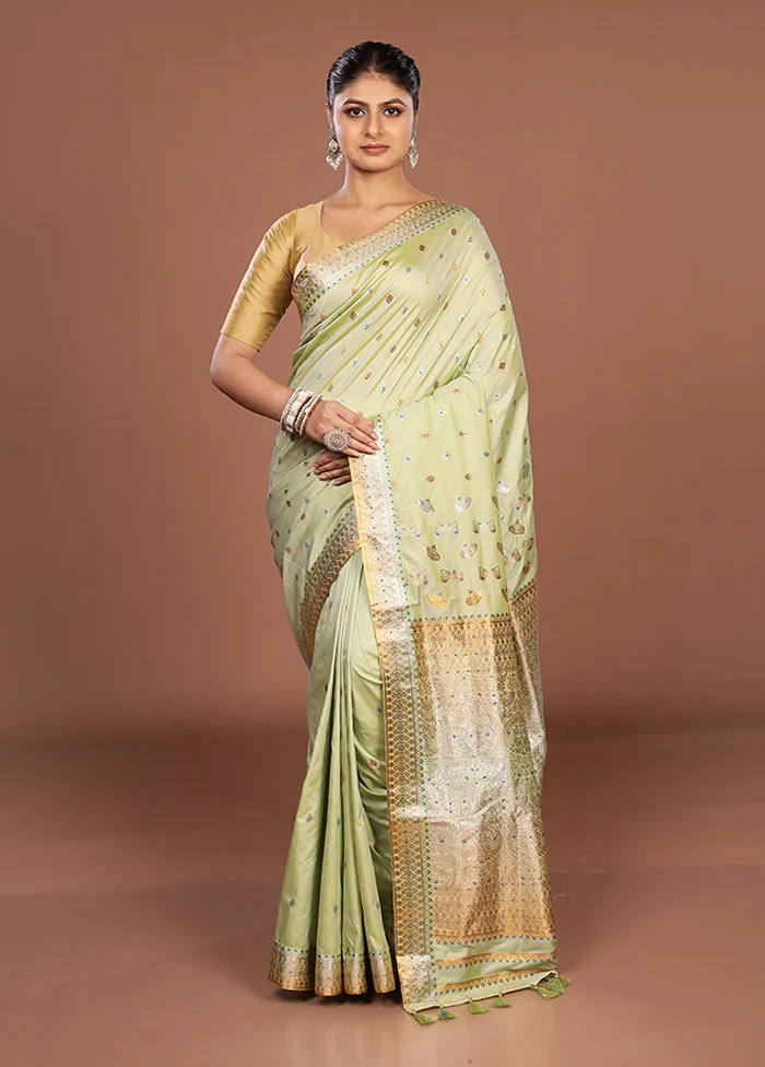 Green Assam Silk Saree With Blouse Piece - Image 2
