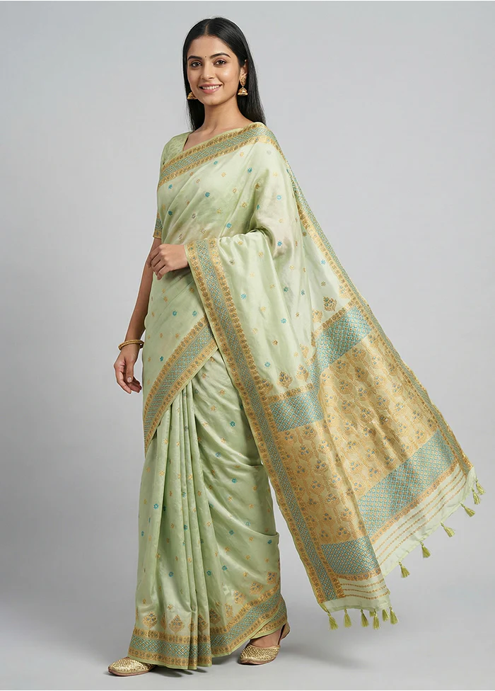 Green Assam Silk Saree With Blouse Piece